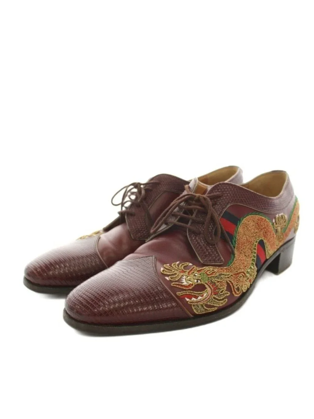Gucci Dragon Embroidery Leather Shoes Dress Pattern 8 Brown